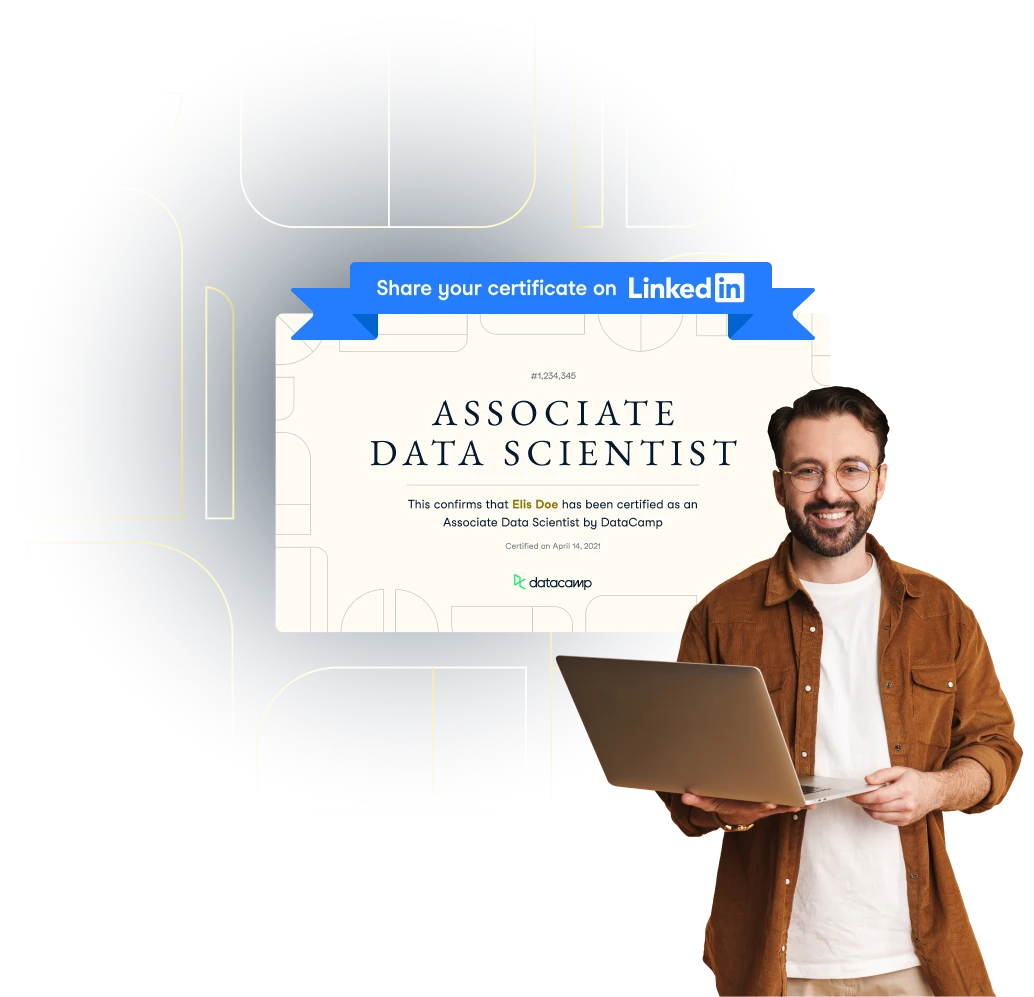 A Certified Data Professional in front of their Certificate