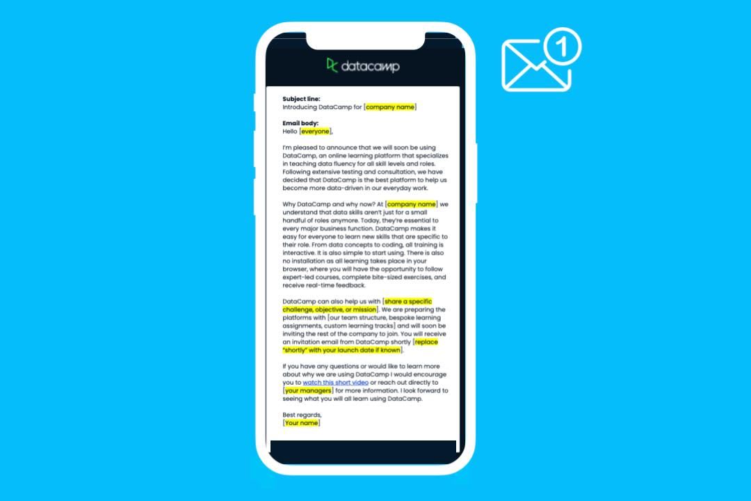 DataCamp onboarding email template on a mobile phone