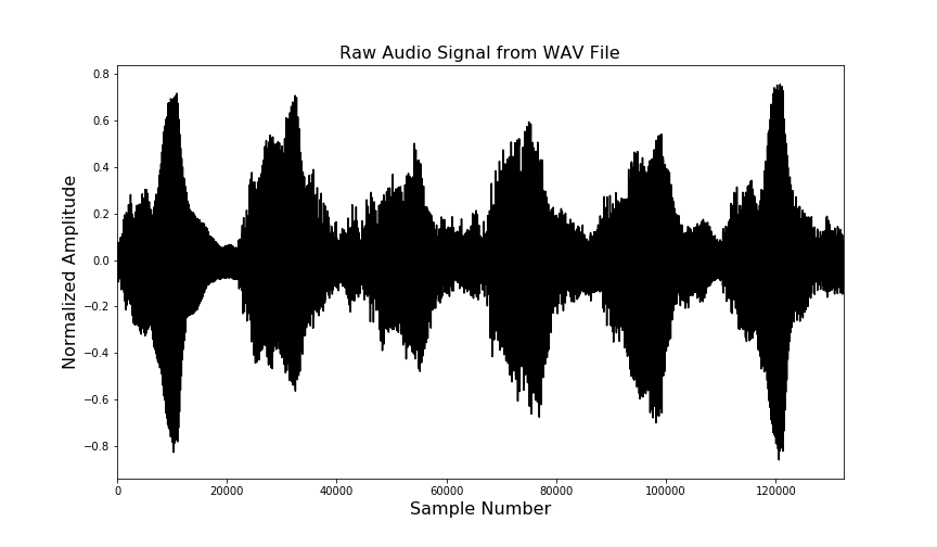 This figure shows a plot of a normalized audio signal extracted from a WAV file.