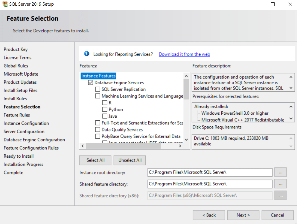 SQL Server Setup Window > Feature Selection