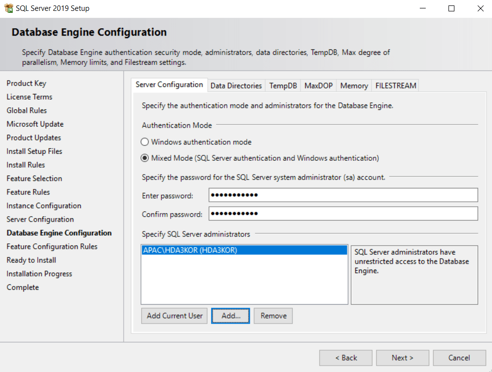 SQL Server Setup Window > Database Engine Configuration