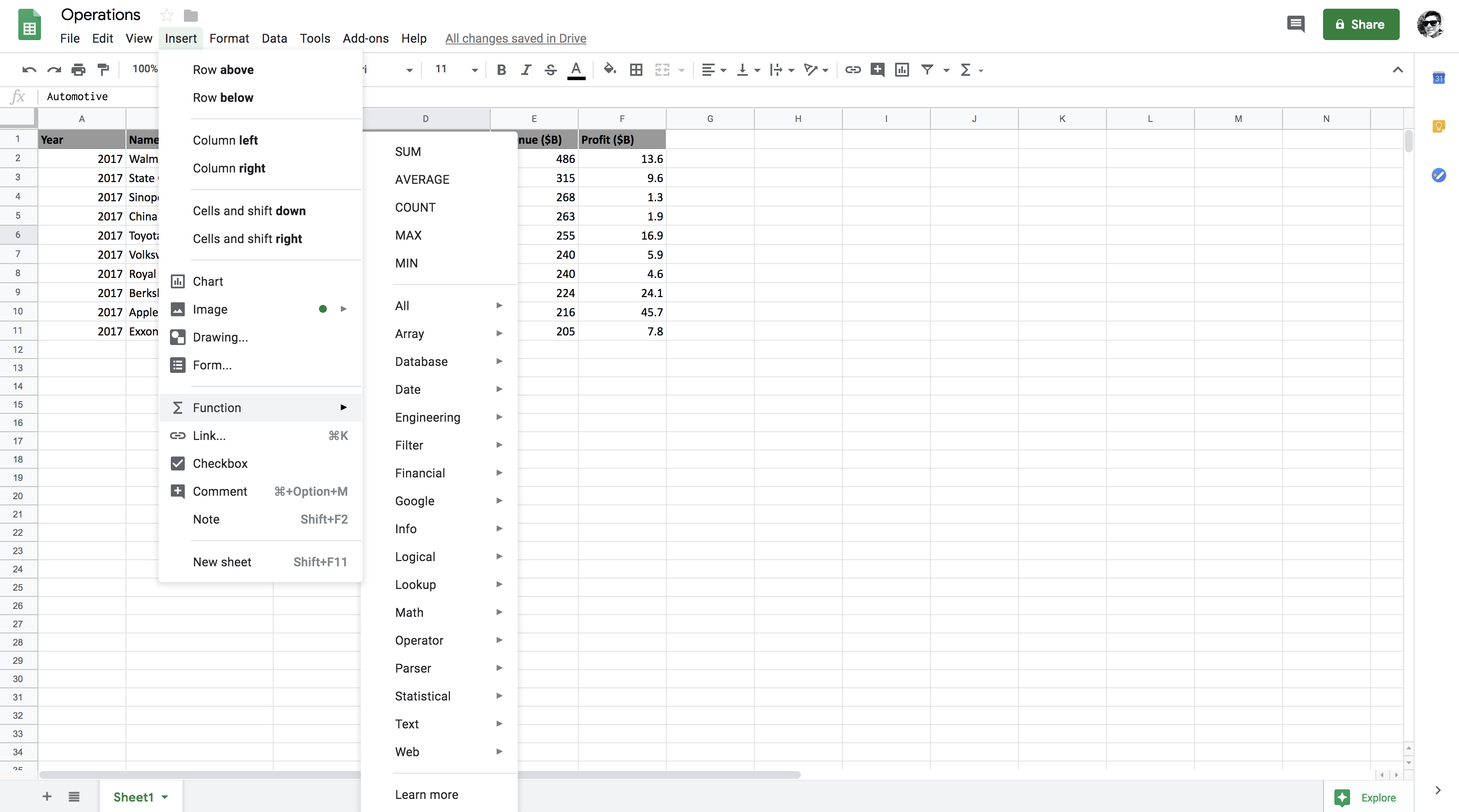 google spreadsheets function feature