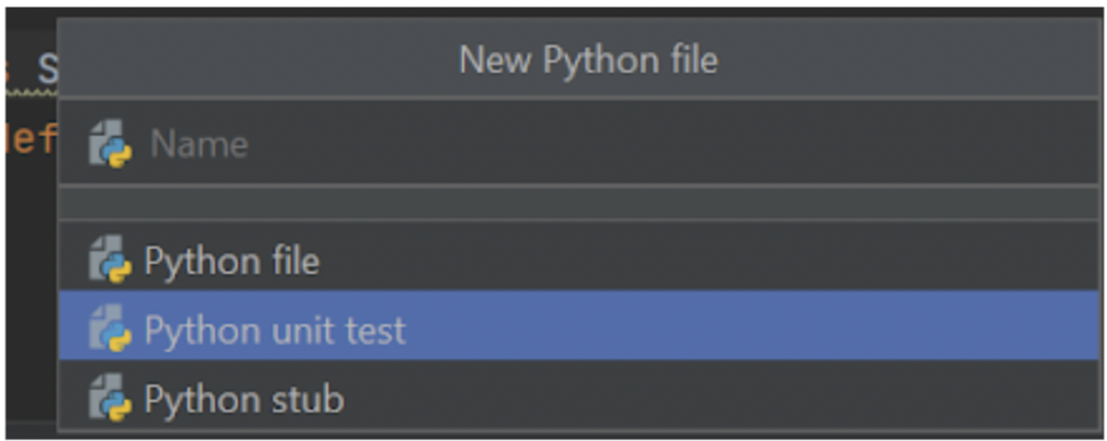Enter the name of your file and choose Python unit test.