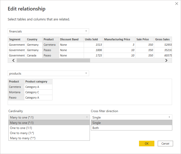 Edit relationship in Power BI screenshot