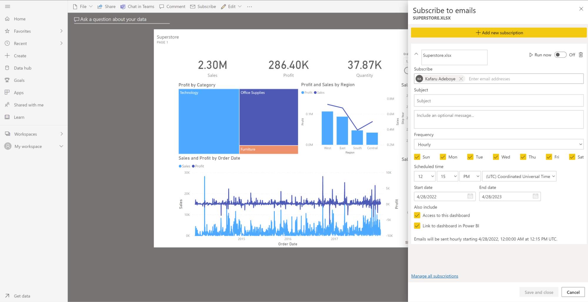 Power BI Dashboard Subscribe to Emails