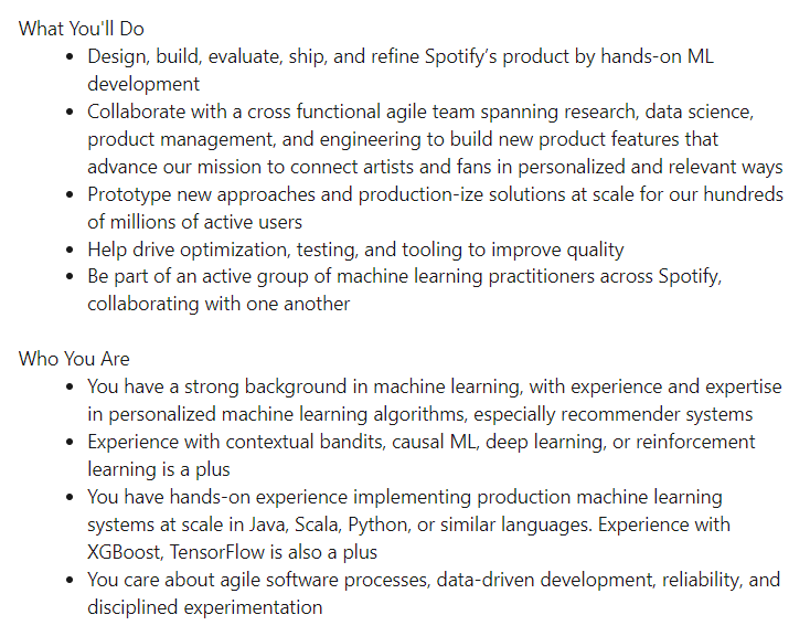 Spotify Machine Learning Engineer Job Description