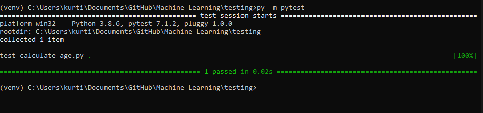 The output of a successful pytest run