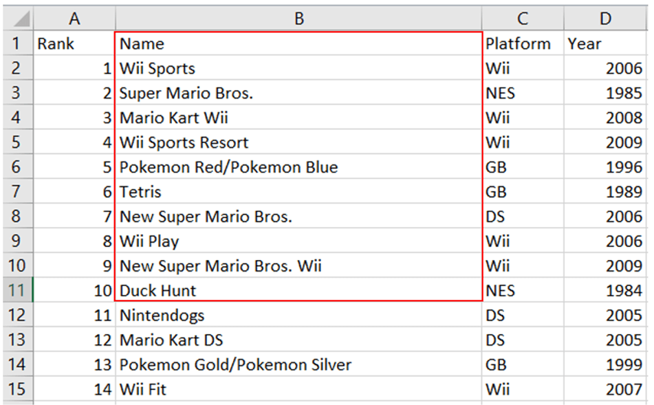 Video games names column