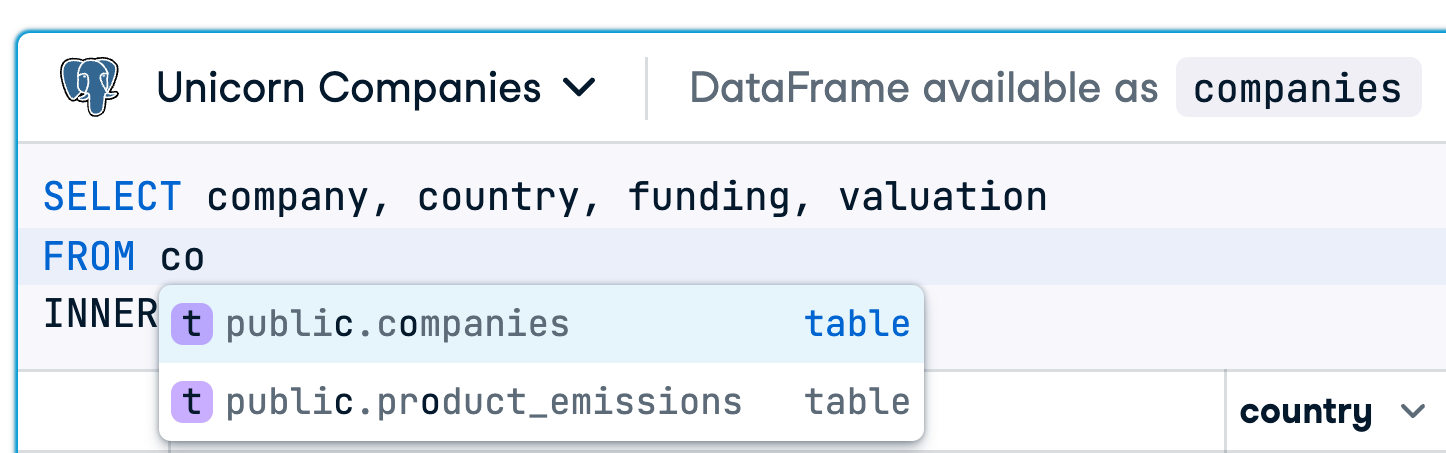 Table and column names are automatically suggested when you write a SQL query.