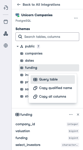 Browse schemas, tables and columns with easy shortcuts to kickstart queries.