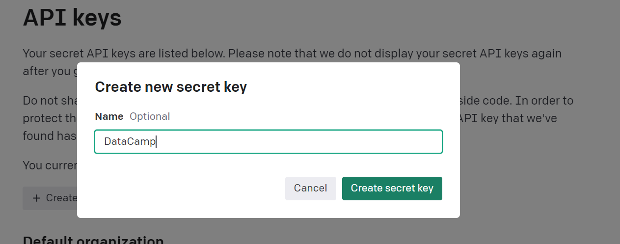 Create API key screenshot