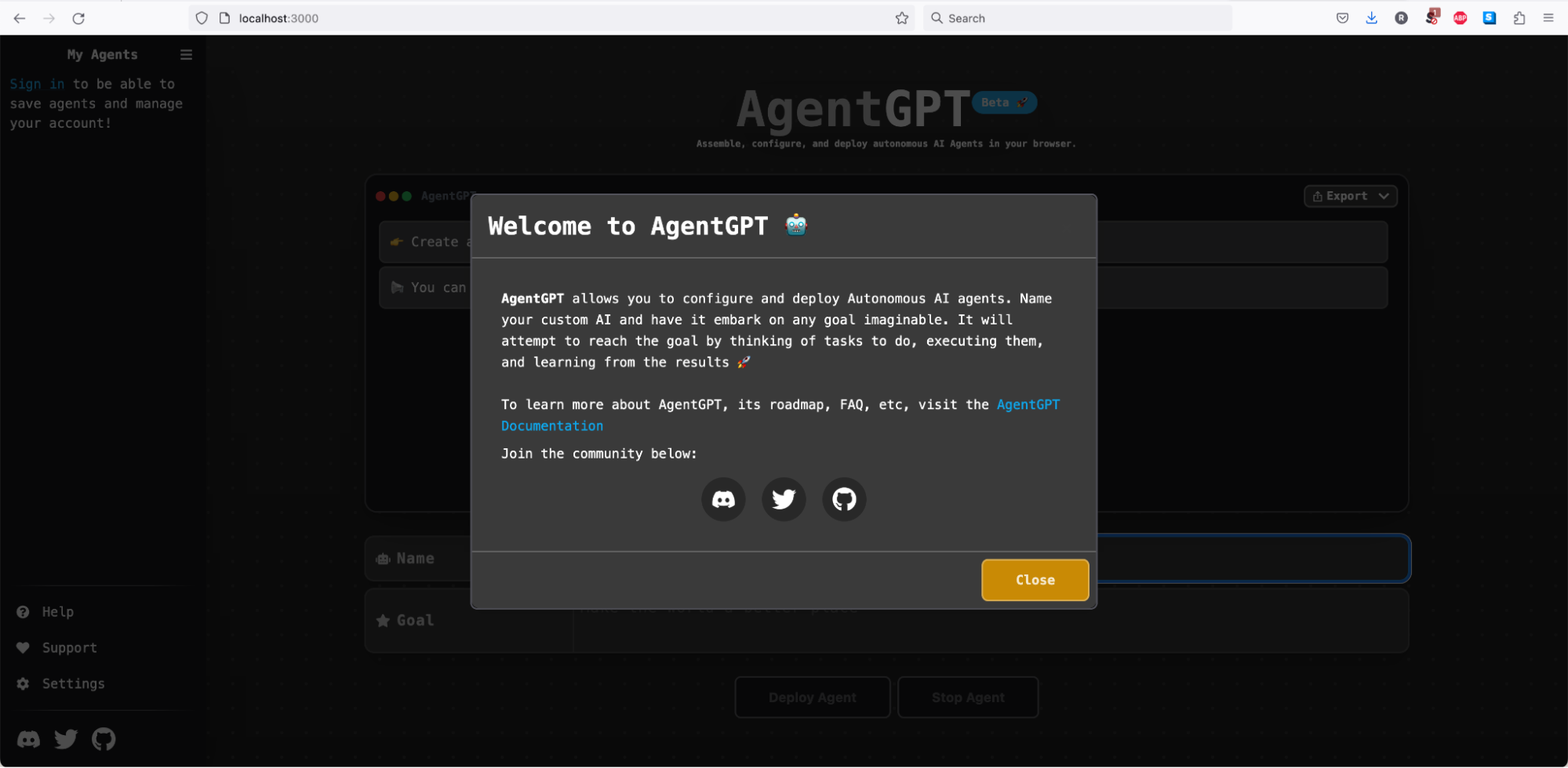 AgentGPT welcome screen