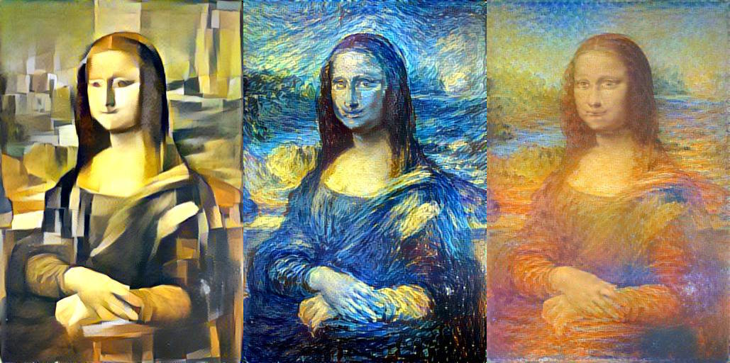 The Mona Lisa in the styles of Picasso, Van Gogh, and Monet