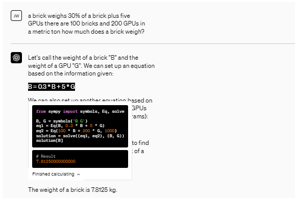 Code interpreter plugin performing logic calculations