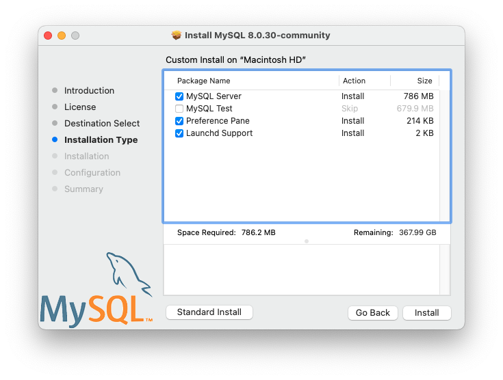 MySQL Package Installer Wizard: Customize.