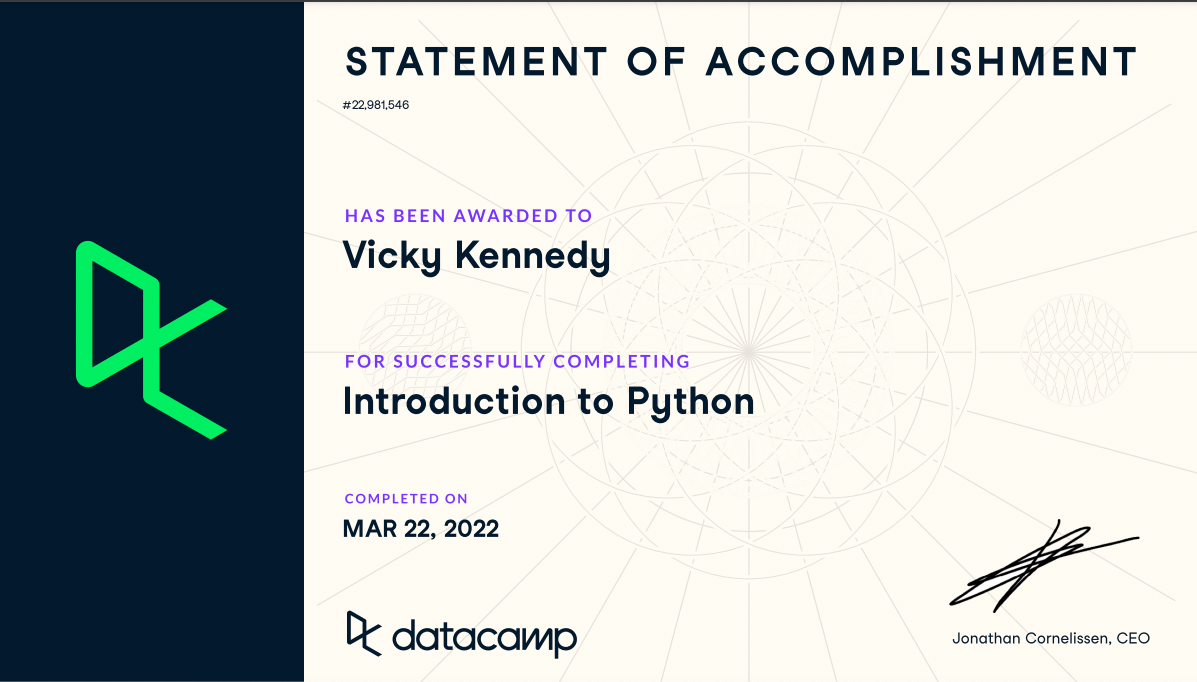 An example of a DataCamp Python certificate