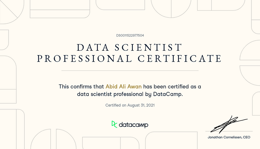 An example of DataCamp’s Python certification