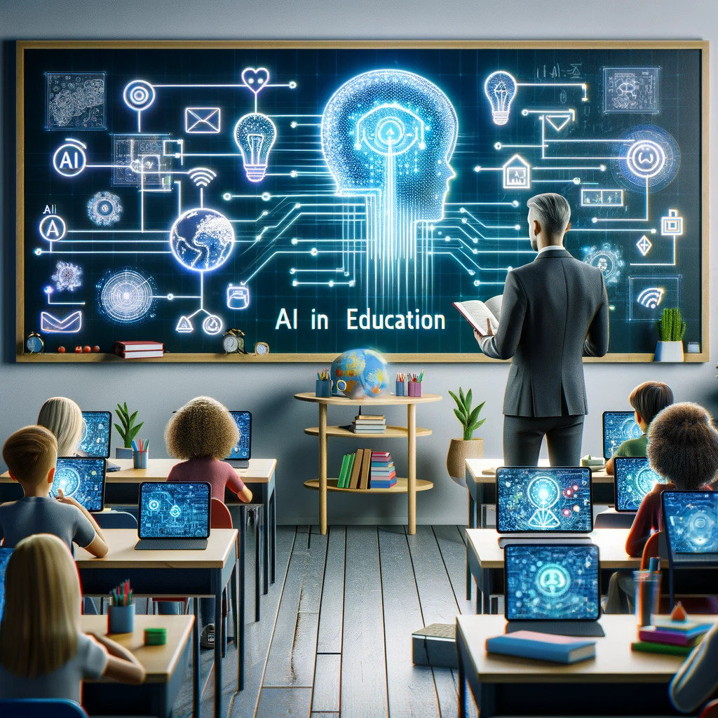 An image depicting a futuristic vision of how AI would be used in a classroom environment.