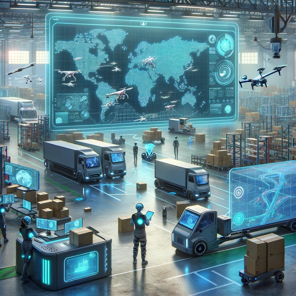 A modern warehouse showcasing the combination of AI with navigation and logistics.