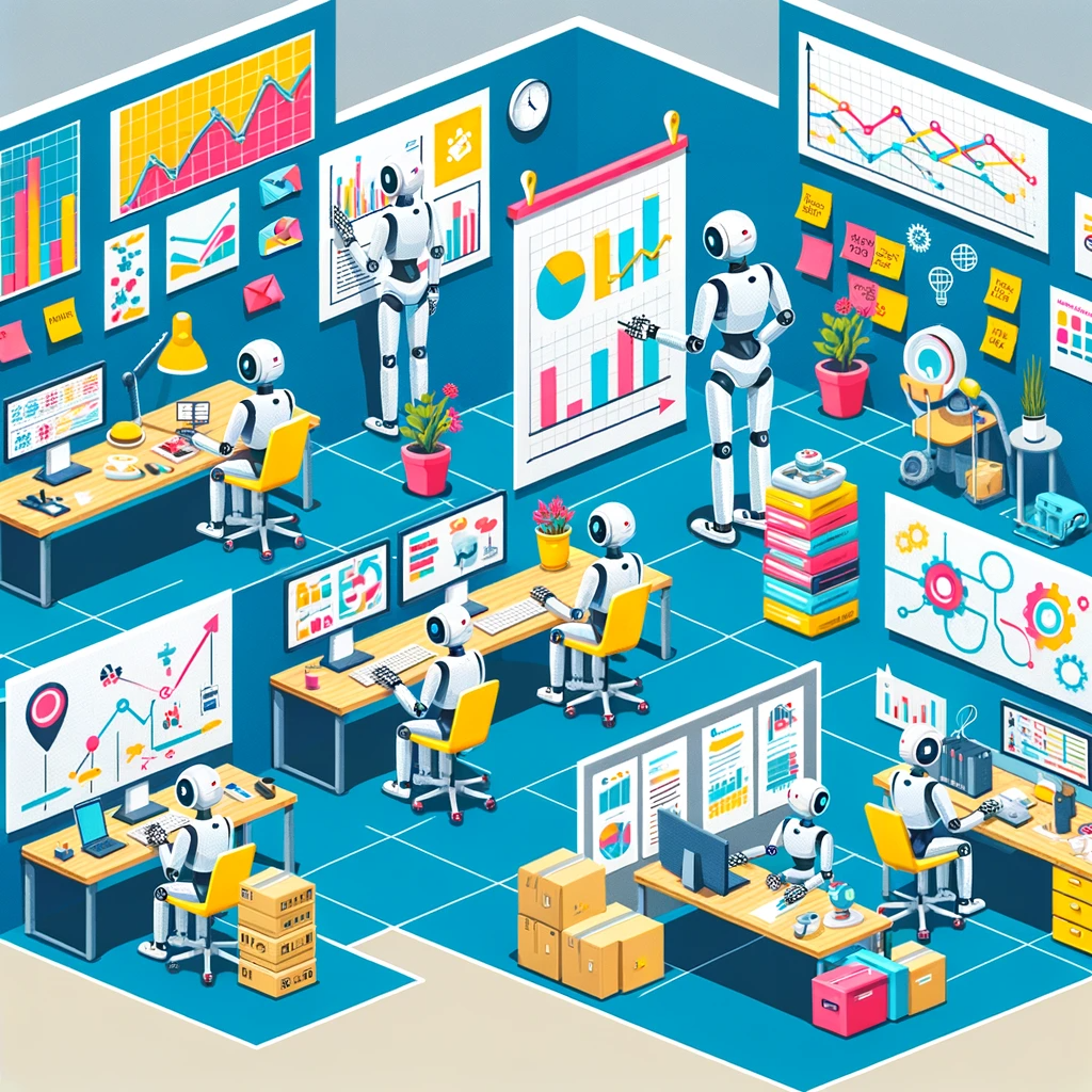 A graphic depiction of AI in business management, in the form of robotic figures doing work in an office.