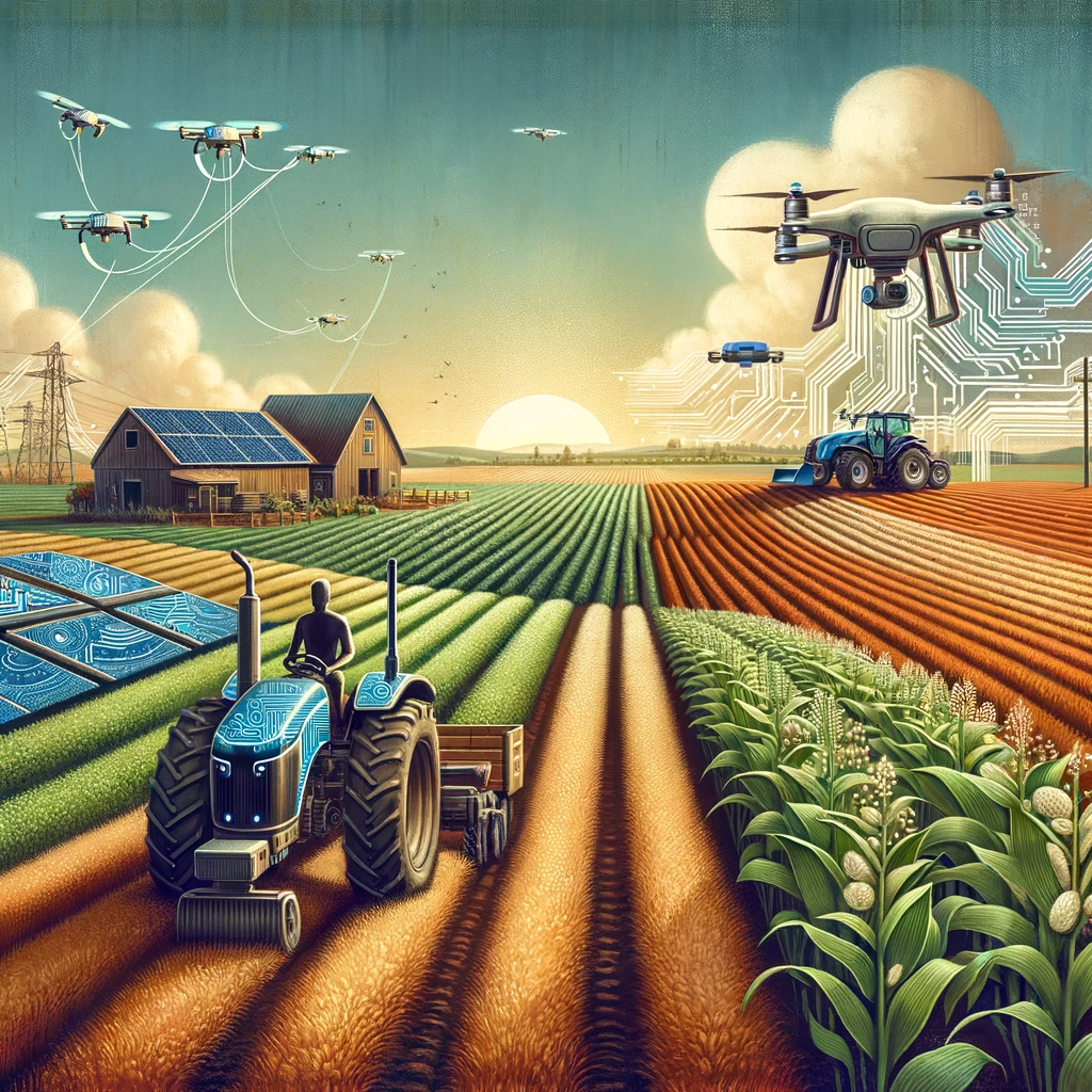 Retro-futuristic vision of how an AI-powered agricultural farm would look like in a couple of decades.