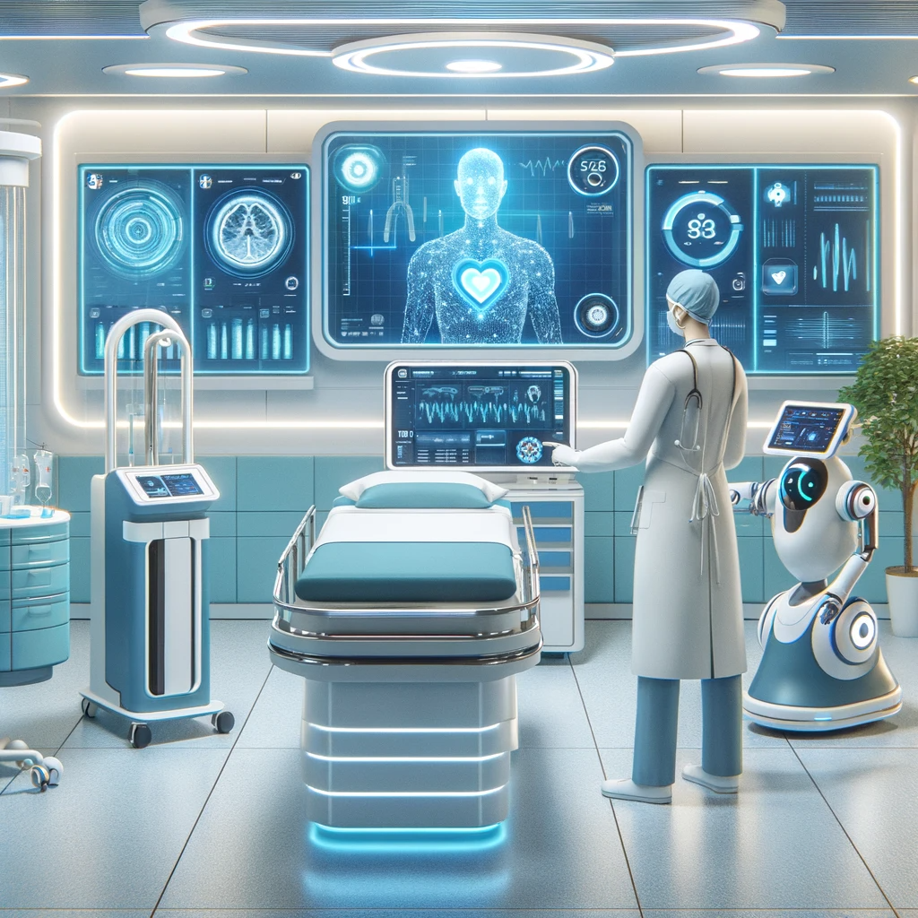 A depiction of a doctor in the future using AI to practice healthcare.