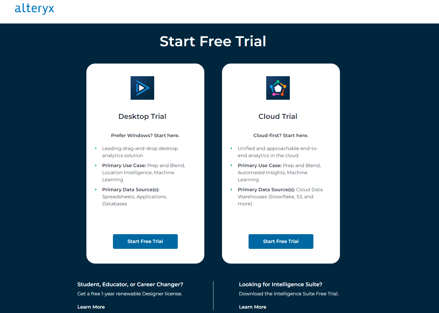 The free trial page for the Alteryx Analytics Cloud Platform