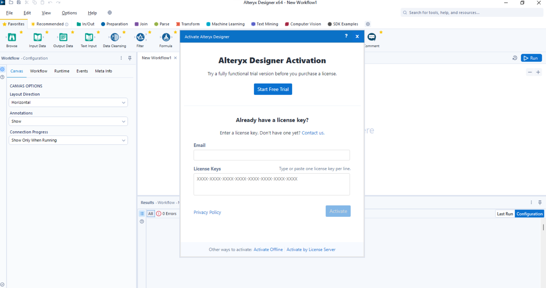 The AlteryX Designer platform and activation pop-up.