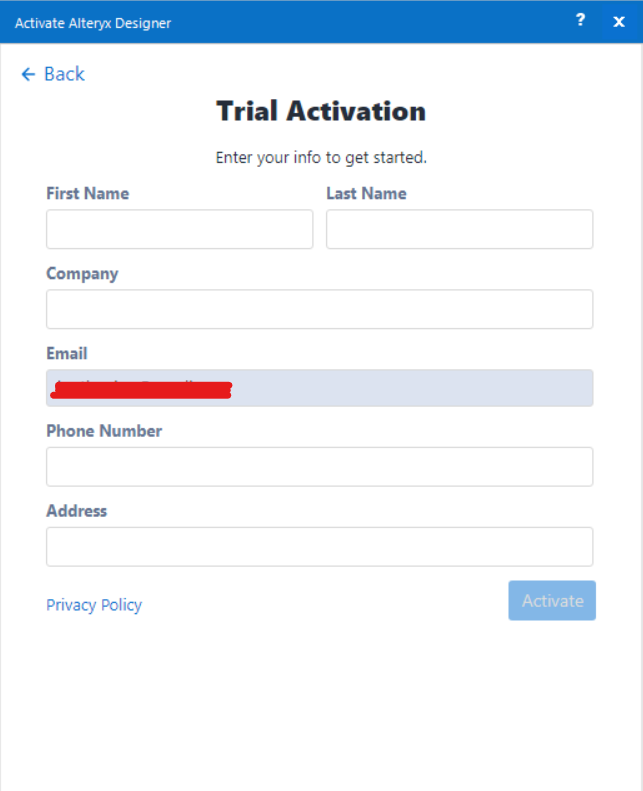 Trial activation form
