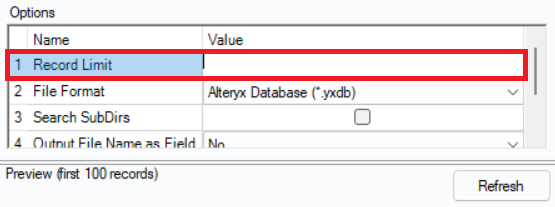 The place to specify a record limit in your Input Data tool