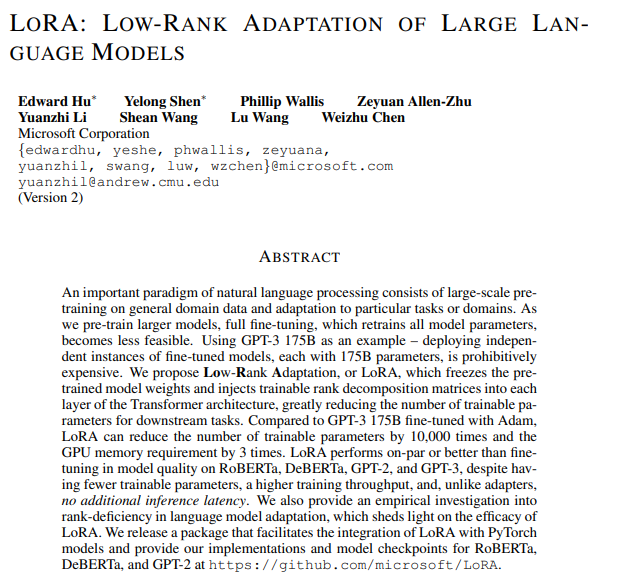 LoRA: Low-Rank Adaptation of Large Language Models