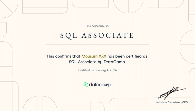An example of our SQL Associate Certification