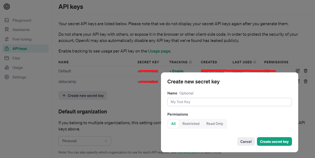 Screenshot of showing how to create API key using platform.openai.com