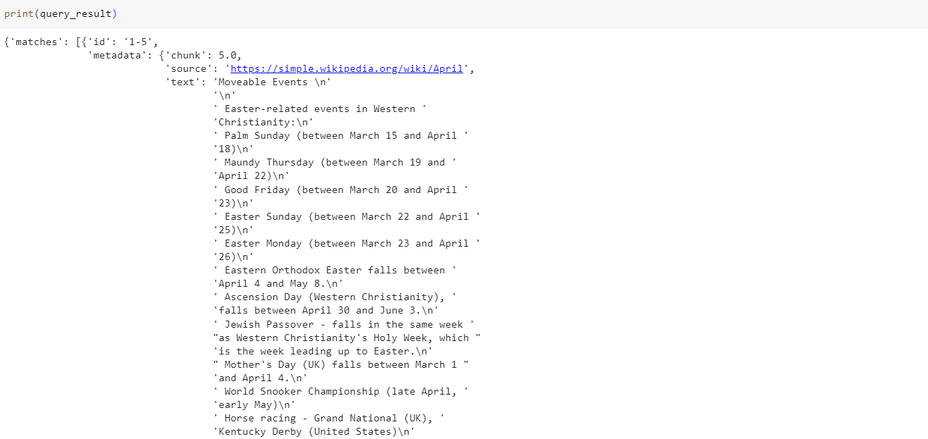 Screenshot of output for query sent with top_k=3.