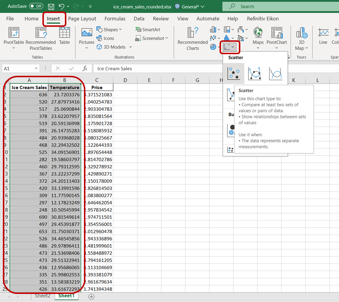 Inserting a scatterplot in Excel