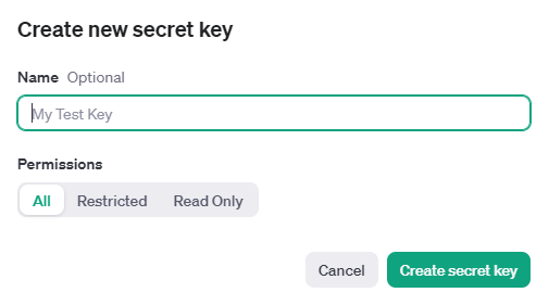 Screenshot of create a new secret key OpenAI platform
