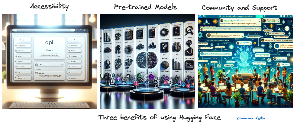 Three benefits of using Hugging Face (Image generated using GPT-4)