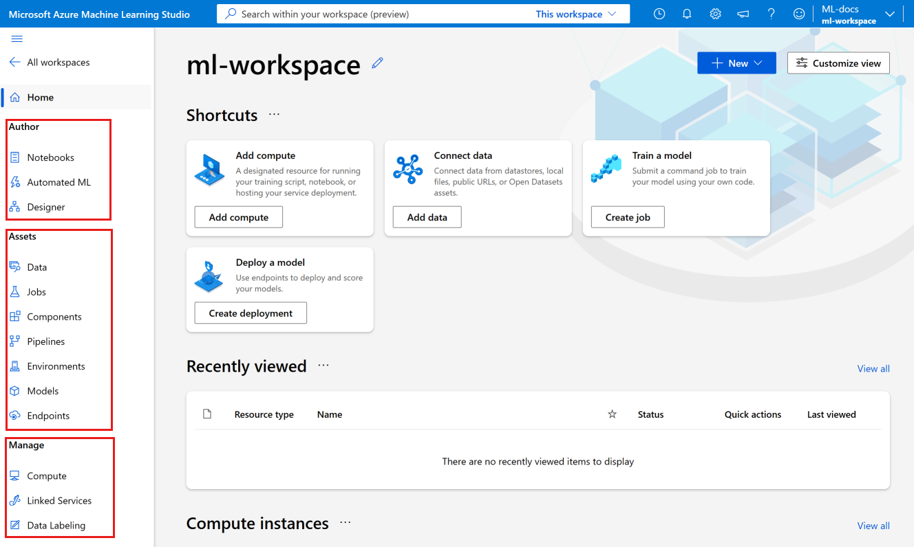 Screen shot of Azure ML Workspace