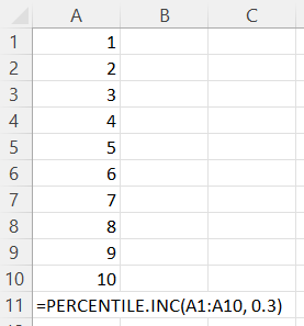Calculating the 30th percentile for an array of integers from 1 to 10 inclusive, using the PERCENTILE.INC Excel formula.