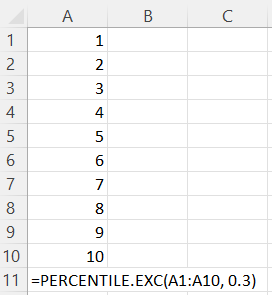 Calculating the 30th percentile for an array of integers from 1 to 10 inclusive, using the PERCENTILE.EXC Excel formula.