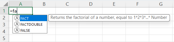 Entering the FACT Excel function directly in a cell.