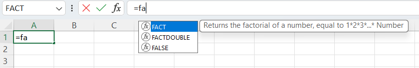 Entering the FACT Excel function in the formula bar.