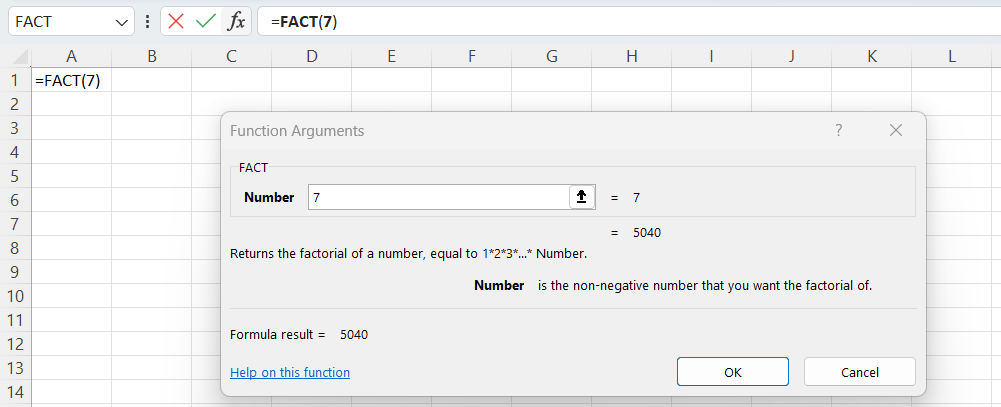 Exploring the Function Arguments window for the FACT Excel function: inserting various input numbers and revising the definition of factorial, function syntax, and function documentation.