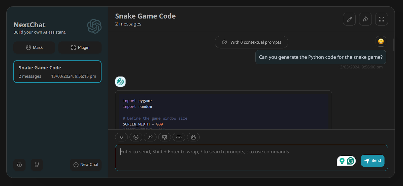 writing prompt to generate the Python code for snake game