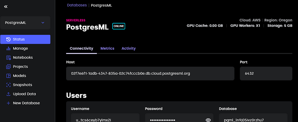 PostgresML dashboard page.