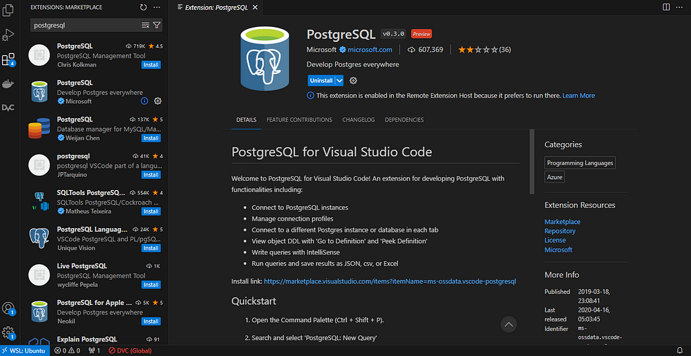 The PostgreSQL extension page in VSCode