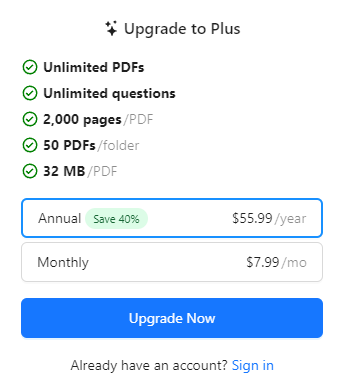 The pricing plans for ChatPDF.com.