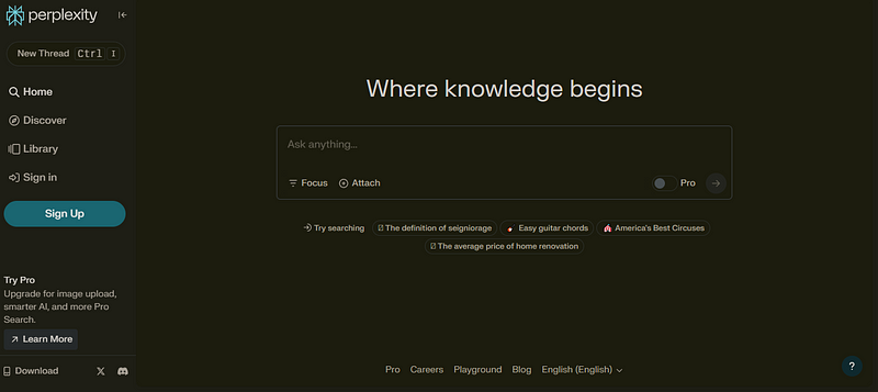 A screenshot of the homepage of Pexplexity AI.