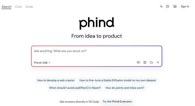 The homepage of Phind.com