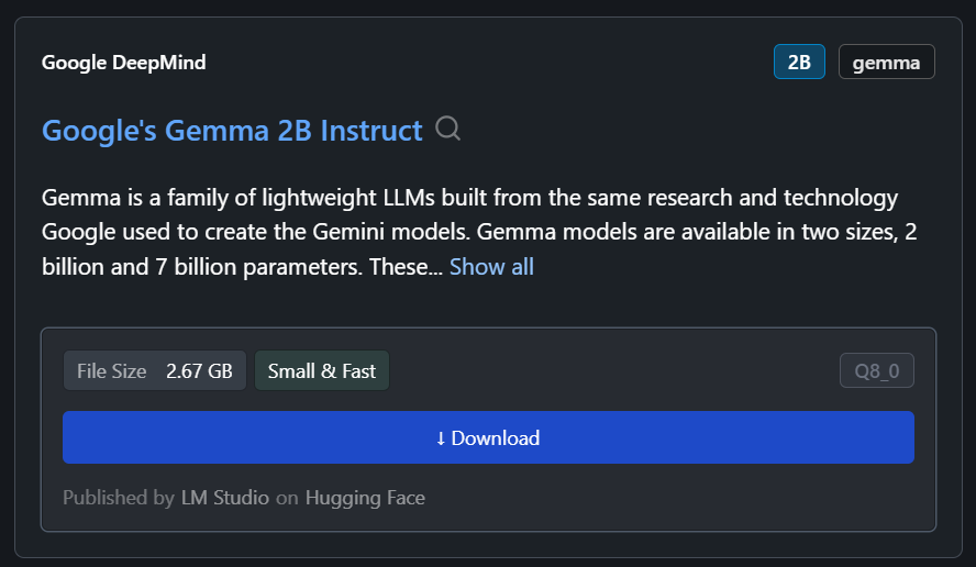 Downloading the Gemma 2B model on LM studio